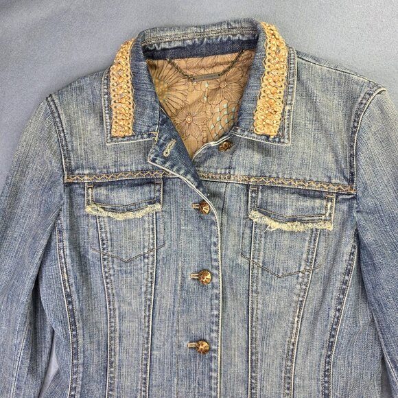 Elie Tahari Denim Jean Jacket Women Small Blue Distressed Embellished Lined Boho - Picture 2 of 13